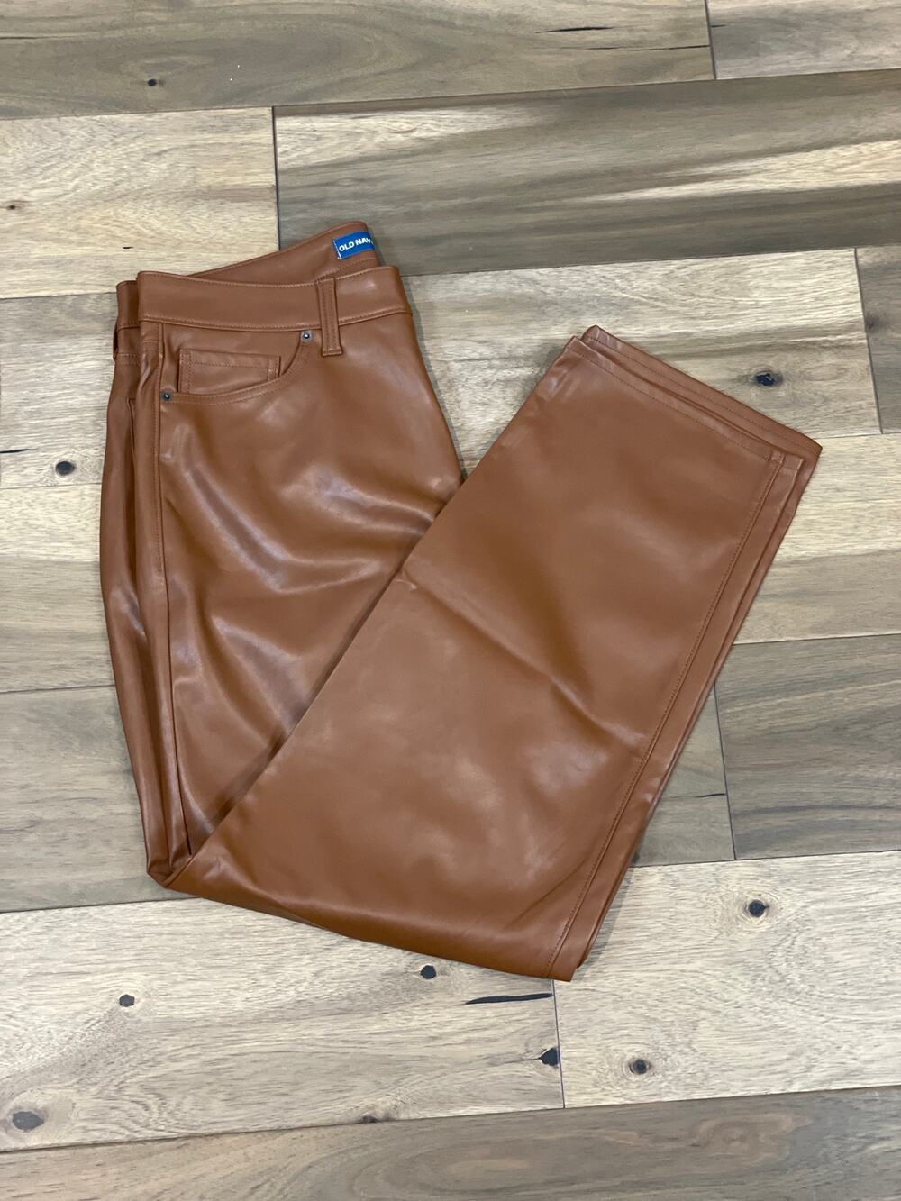Old Navy Pants Size 14 Tan Faux Leather High Rise OG Loose Button Zip Front NWT